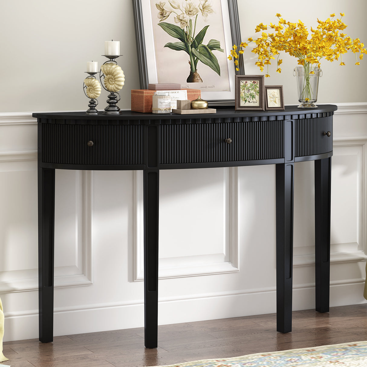 U-Style Distinctive Features of Pine Veneer Console Table with Vertical Stripe Drawer Fronts and Four Legs - Julia M LifeStyles