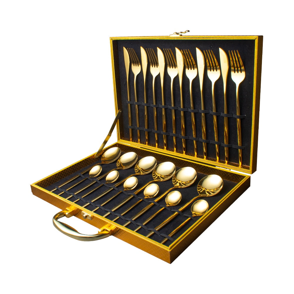 24pcs Gold Dinnerware Set Stainless Steel Tableware Set Knife Fork Spoon Luxury Cutlery Set Gift Box Julia M Home & Kitchen