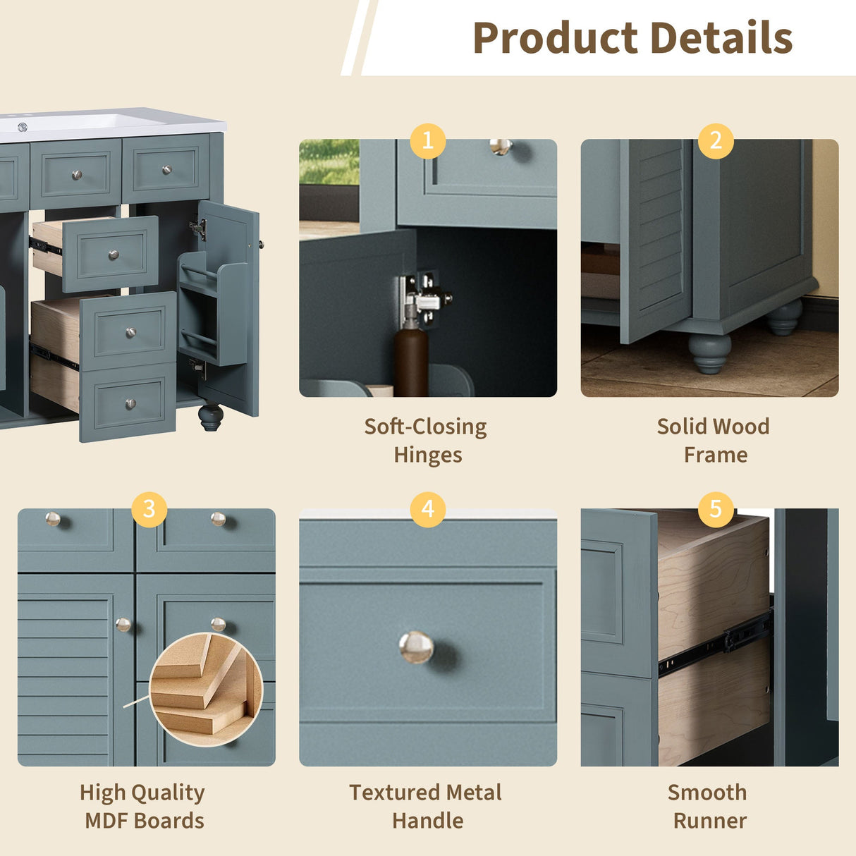 36 "bathroom makeup cabinet with resin sink combination and 2 drawers, with soft closing door, blue color eprolo