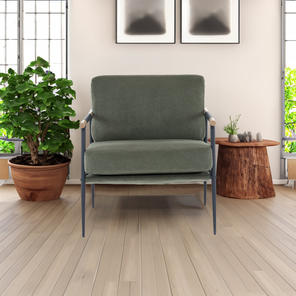 Soft cushioned reading chair with plush fabric, modern armchair with metal frame, green - Julia M LifeStyles