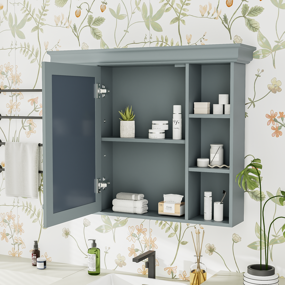 35 ''x 28' 'blue wall mounted bathroom storage cabinet with mirror door and medication cabinet with 6 open shelves Julia M Home & Kitchen