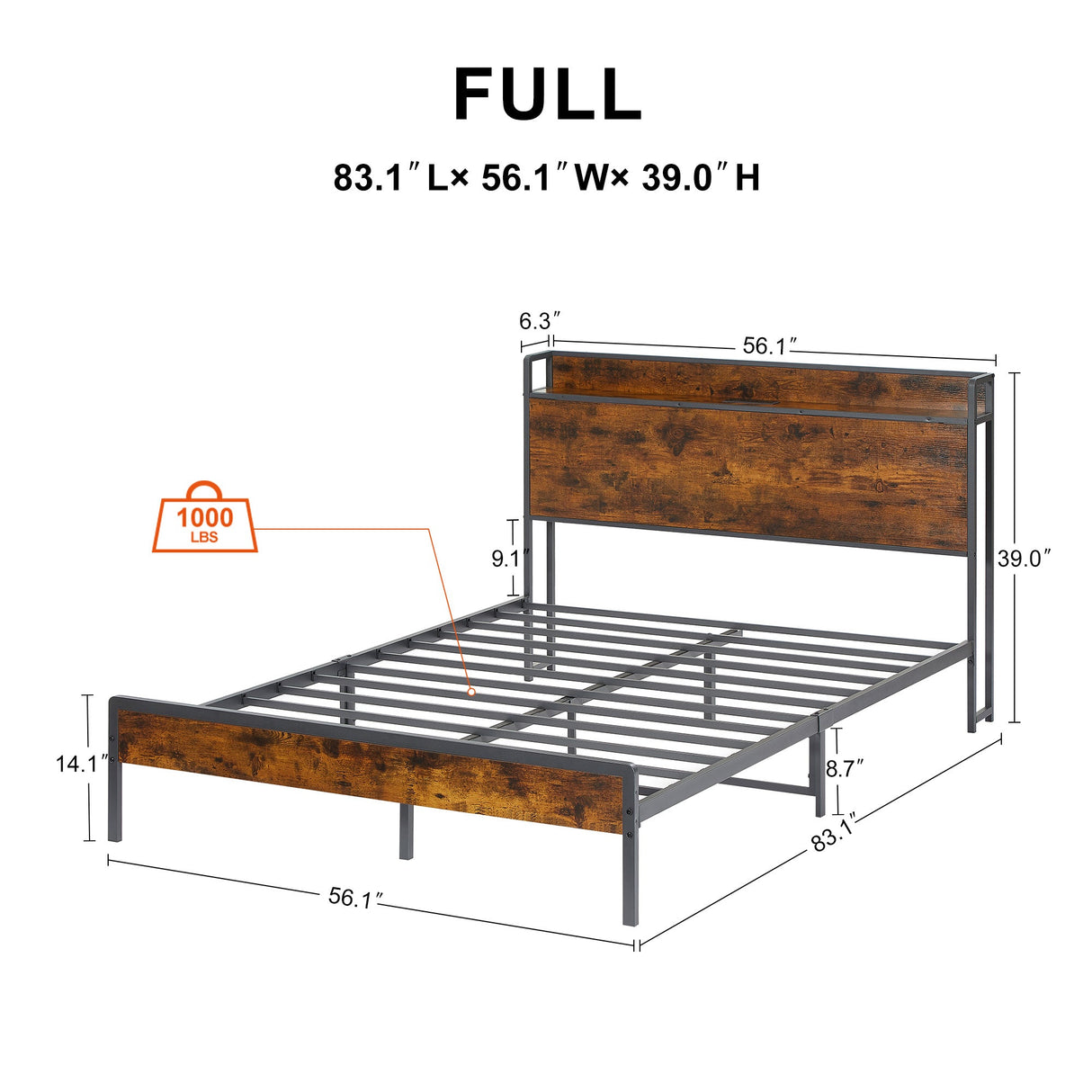 Bed frame with charging station full size, Rustic Brown, 83.1'' L x 56.1'' W x 39'' H eprolo