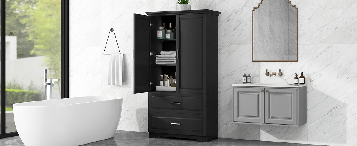 Tall Bathroom Storage Cabinet, Cabinet with Two Doors and Drawers, Adjustable Shelf, MDF Board, Black - Julia M LifeStyles