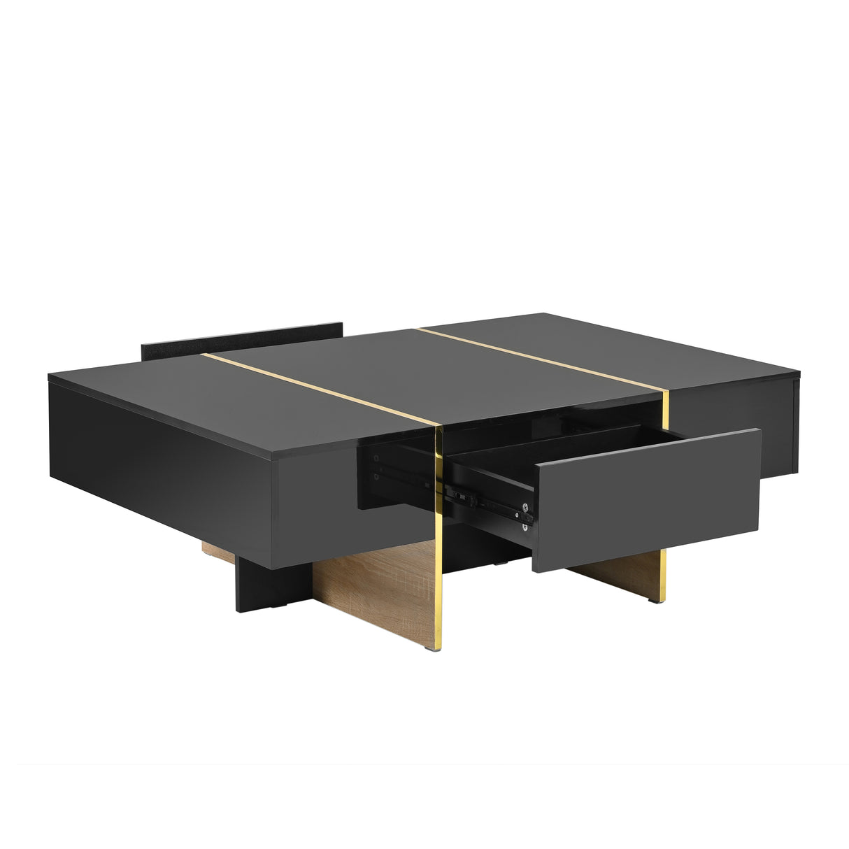 ON-TRANS 47.2 inch x 31.4 inch multifunctional rectangular sofa table with 2 drawers and gold wood grain leg center table, black - Julia M LifeStyles