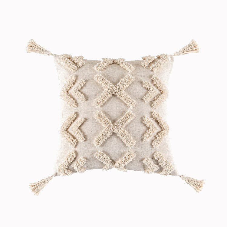 Tassels Cushion Cover 45x45cm - Beige and White Boho Decor - Julia M LifeStyles