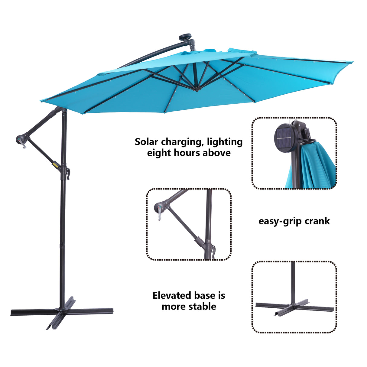 10 FT Solar LED Patio Outdoor Umbrella Hanging Cantilever Umbrella Offset Umbrella Easy Open Adustment with 32 LED Lights - Julia M LifeStyles