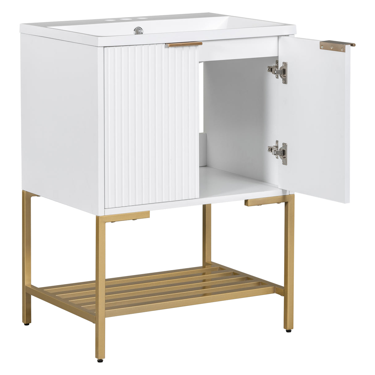 24" Bathroom Vanity with Sink, Bathroom Vanity Cabinet with Two Doors and Gold Metal Frame, Open Storage Shelf, White - Julia M LifeStyles