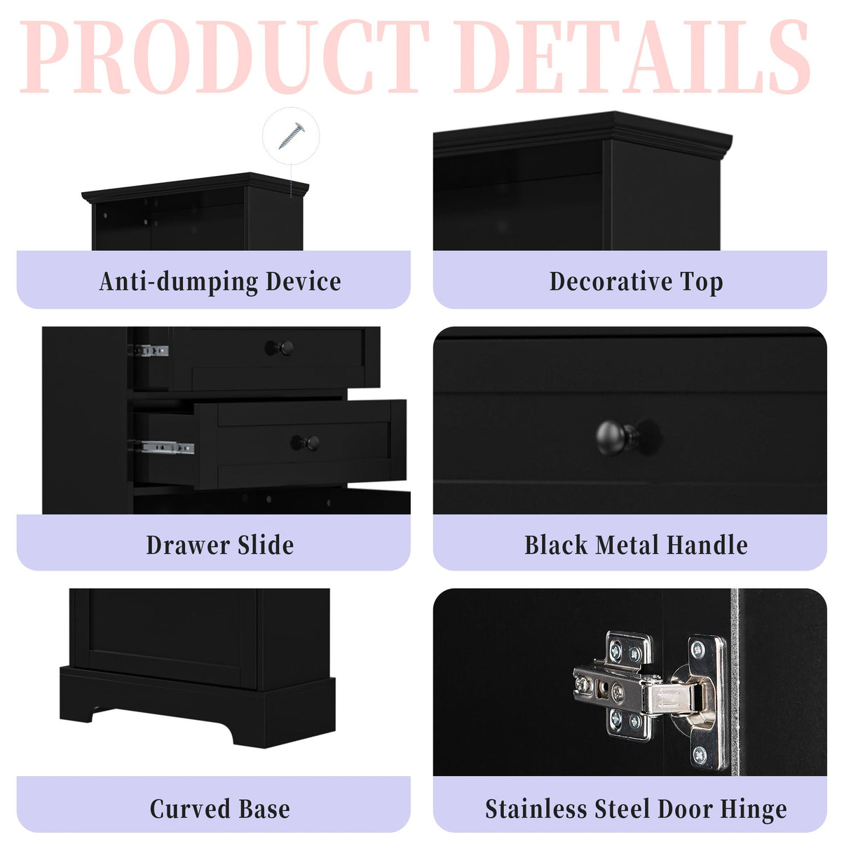 Black high storage cabinet with 3 drawers and adjustable shelves, MDF board painted eprolo