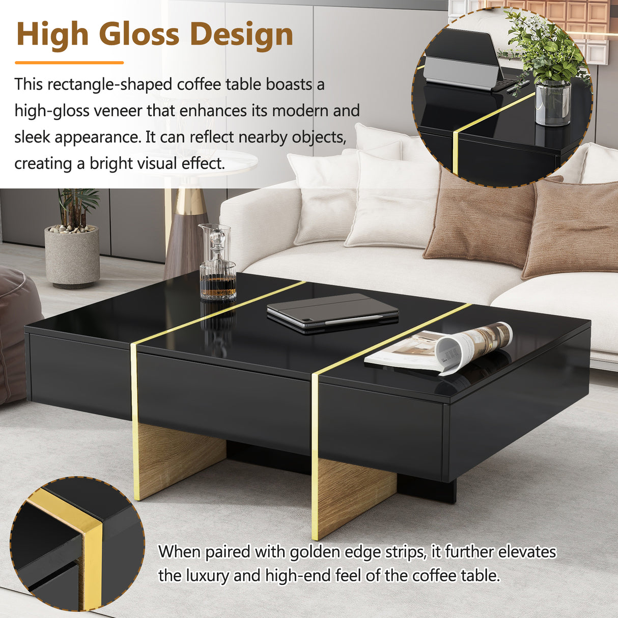 ON-TRANS 47.2 inch x 31.4 inch multifunctional rectangular sofa table with 2 drawers and gold wood grain leg center table, black - Julia M LifeStyles