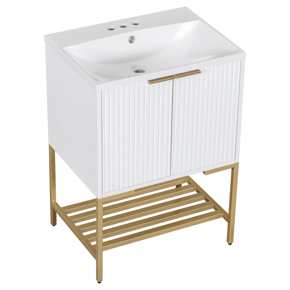 24" Bathroom Vanity with Sink, Bathroom Vanity Cabinet with Two Doors and Gold Metal Frame, Open Storage Shelf, White - Julia M LifeStyles