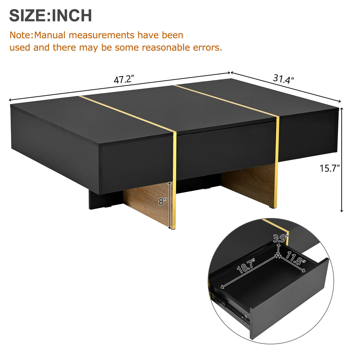 ON-TRANS 47.2 inch x 31.4 inch multifunctional rectangular sofa table with 2 drawers and gold wood grain leg center table, black - Julia M LifeStyles