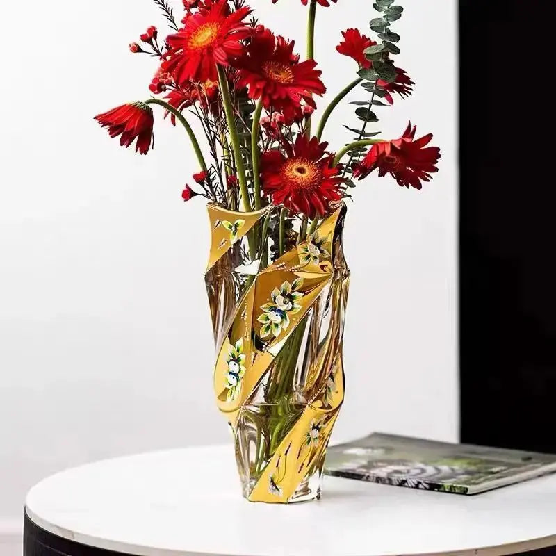Elegant European Crystal Glass Vase with Gold Painted Enamel - Julia M LifeStyles