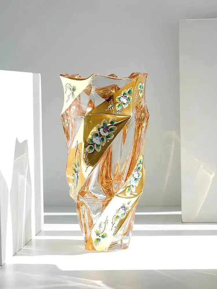 Elegant European Crystal Glass Vase with Gold Painted Enamel - Julia M LifeStyles