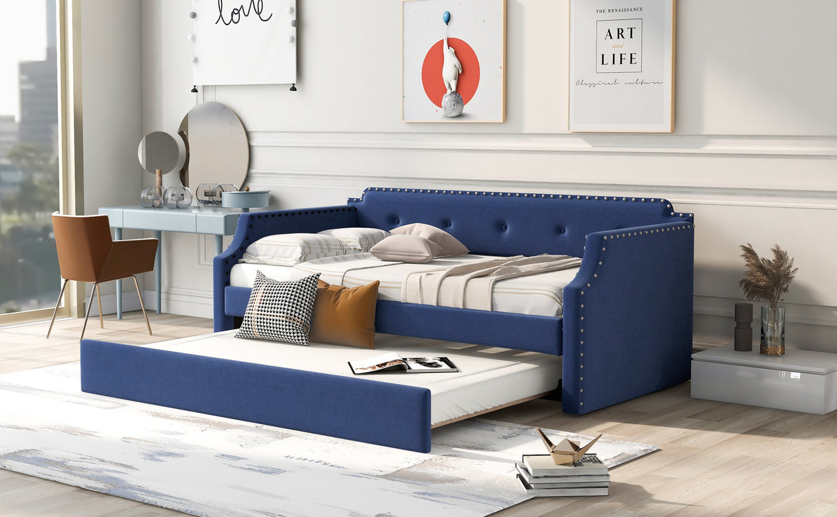 Upholstered Daybed with Trundle, Wood Slat Support,Upholstered Frame Sofa Bed Twin Blue - Julia M LifeStyles