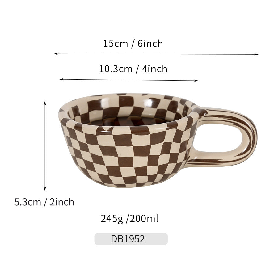 A 300ml ceramic retro couple checkerboard grid small capacity milk white wind mug coffee cups Julia M Home & Kitchen