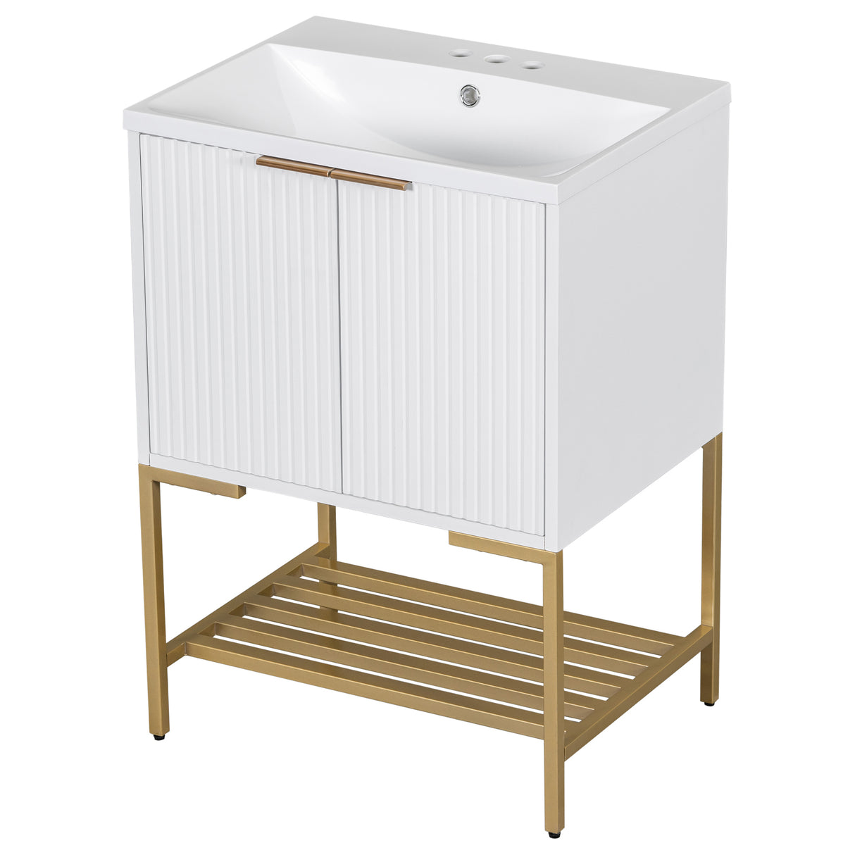 24" Bathroom Vanity with Sink, Bathroom Vanity Cabinet with Two Doors and Gold Metal Frame, Open Storage Shelf, White - Julia M LifeStyles
