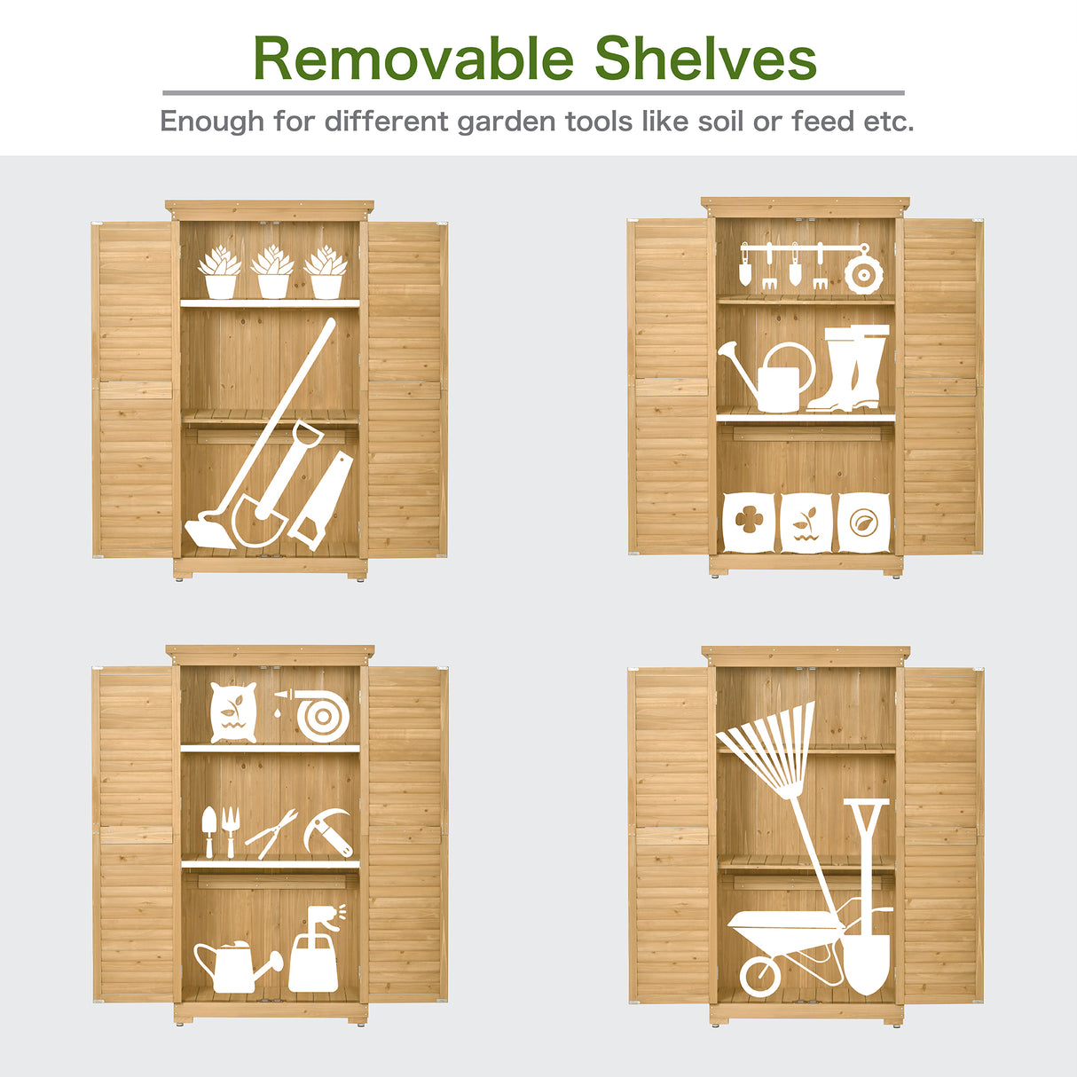 Wooden Garden Shed 3-tier Patio Storage Cabinet Outdoor Organizer Wooden Lockers with Wood (Natural Wood Color -Shutter Design) - Julia M LifeStyles