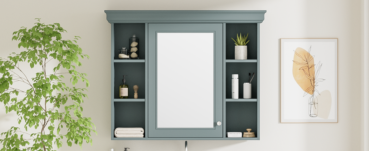 35 ''x 28' 'blue wall mounted bathroom storage cabinet with mirror door and medication cabinet with 6 open shelves Julia M Home & Kitchen
