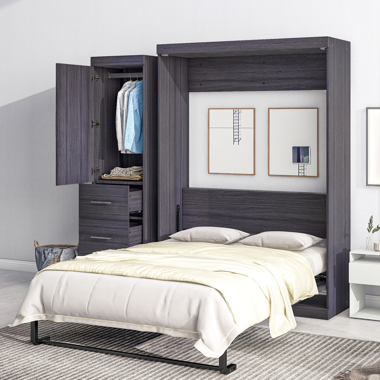 Full Size Murphy Bed with Wardrobe and Drawers, Storage Bed, can be Folded into a Cabinet, Gray - Julia M LifeStyles