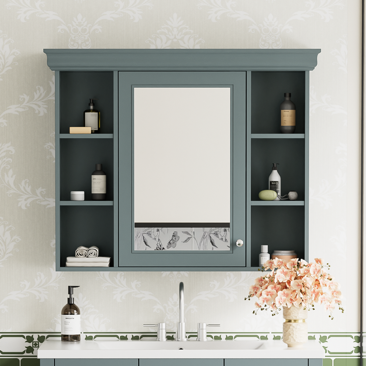 35 ''x 28' 'blue wall mounted bathroom storage cabinet with mirror door and medication cabinet with 6 open shelves Julia M Home & Kitchen