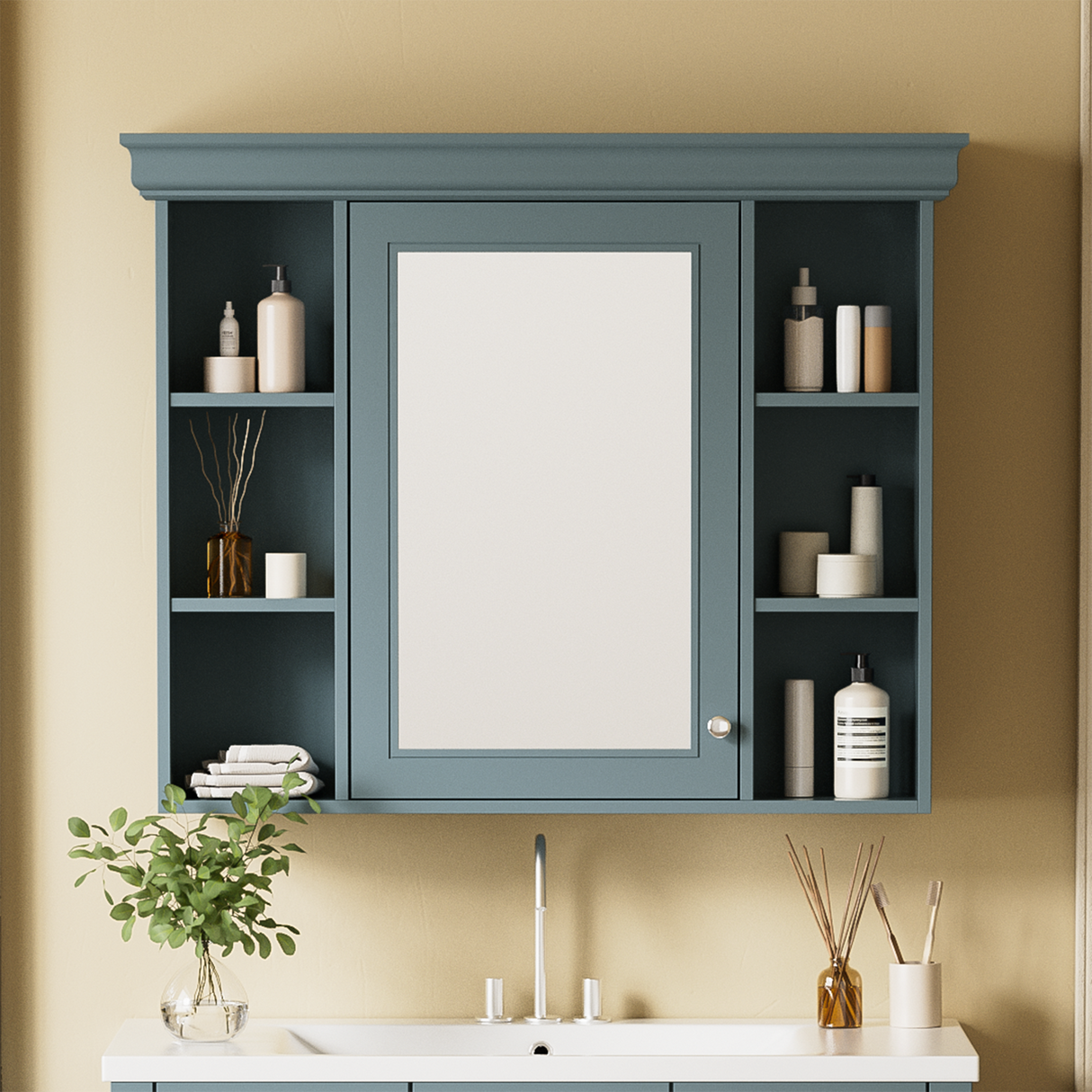 35 ''x 28' 'blue wall mounted bathroom storage cabinet with mirror door and medication cabinet with 6 open shelves Julia M Home & Kitchen
