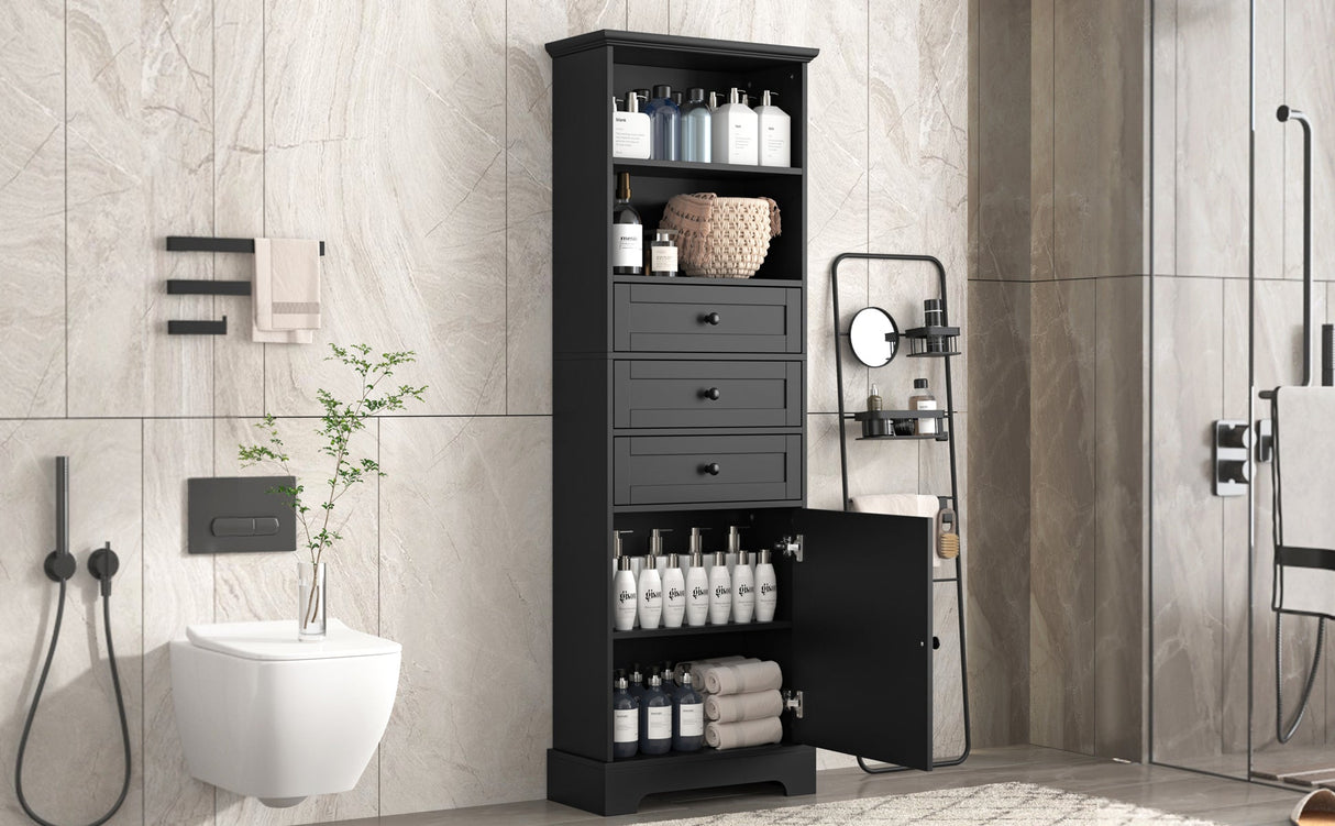 Black high storage cabinet with 3 drawers and adjustable shelves, MDF board painted eprolo
