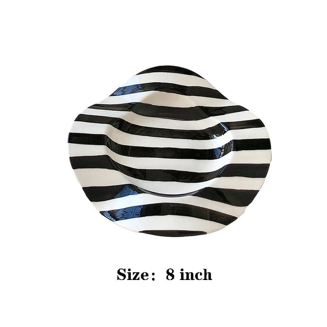 Nordic Ceramic Plate Dot Stripe Irregular Wave Shape Ceramic Dessert Plate Pasta Plate Dinner Plates Ceramic Dish Plates