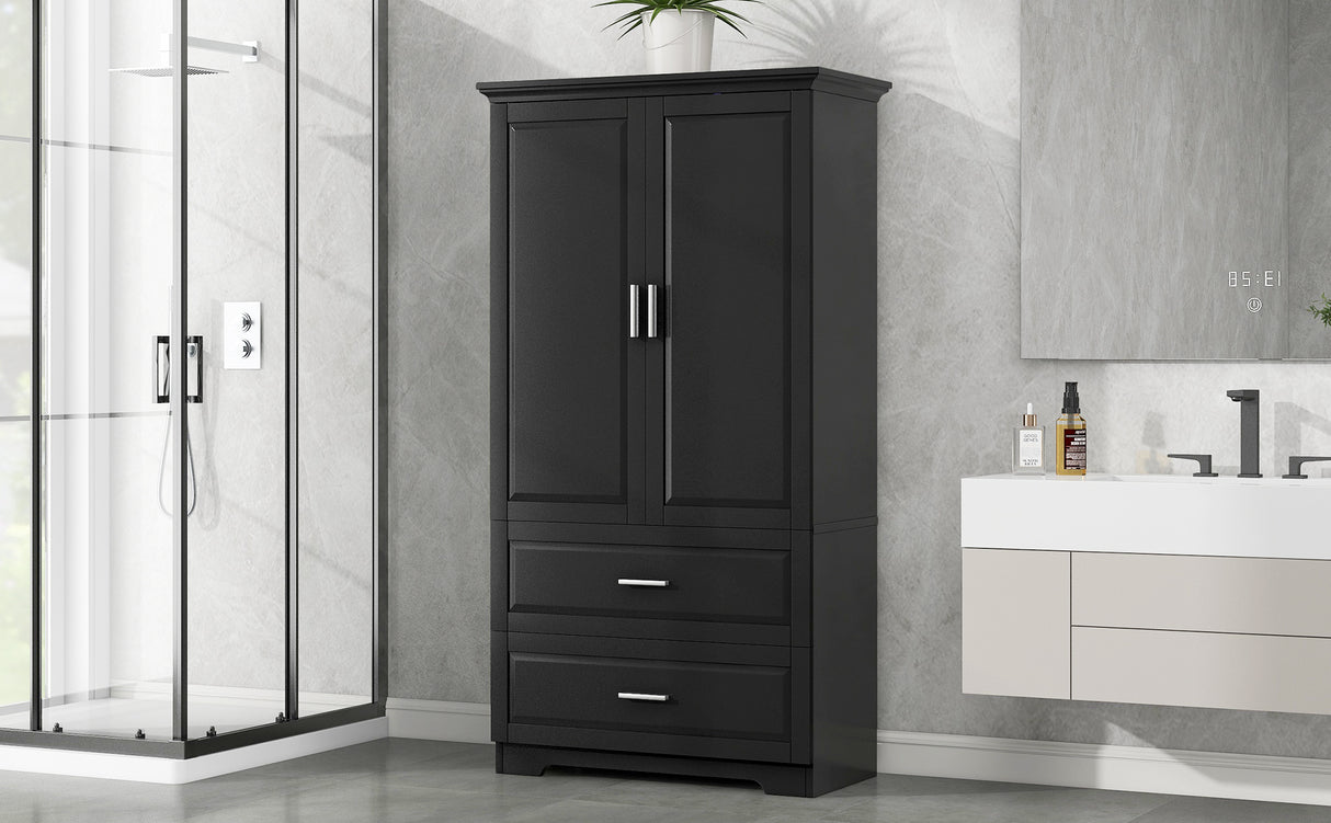 Tall Bathroom Storage Cabinet, Cabinet with Two Doors and Drawers, Adjustable Shelf, MDF Board, Black - Julia M LifeStyles