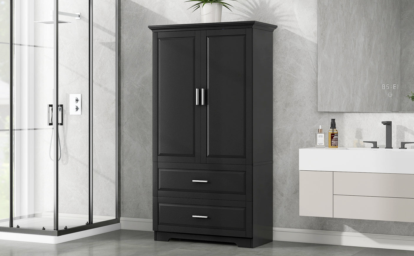 Tall Bathroom Storage Cabinet, Cabinet with Two Doors and Drawers, Adjustable Shelf, MDF Board, Black - Julia M LifeStyles