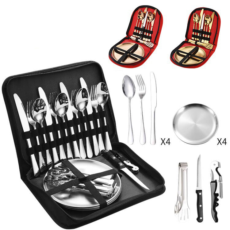 Stainless Steel Tableware Outdoor Camping Western Style Steak Knife Fork Spoon Dinner Plate Set Portable Cloth Bag Set Julia M Home & Kitchen