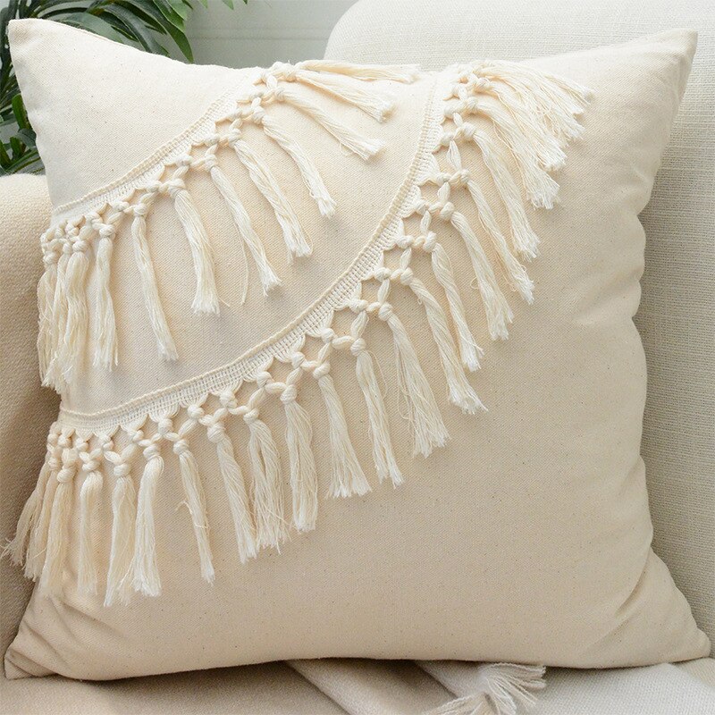 Tassels Cushion Cover 45x45cm - Beige and White Boho Decor - Julia M LifeStyles