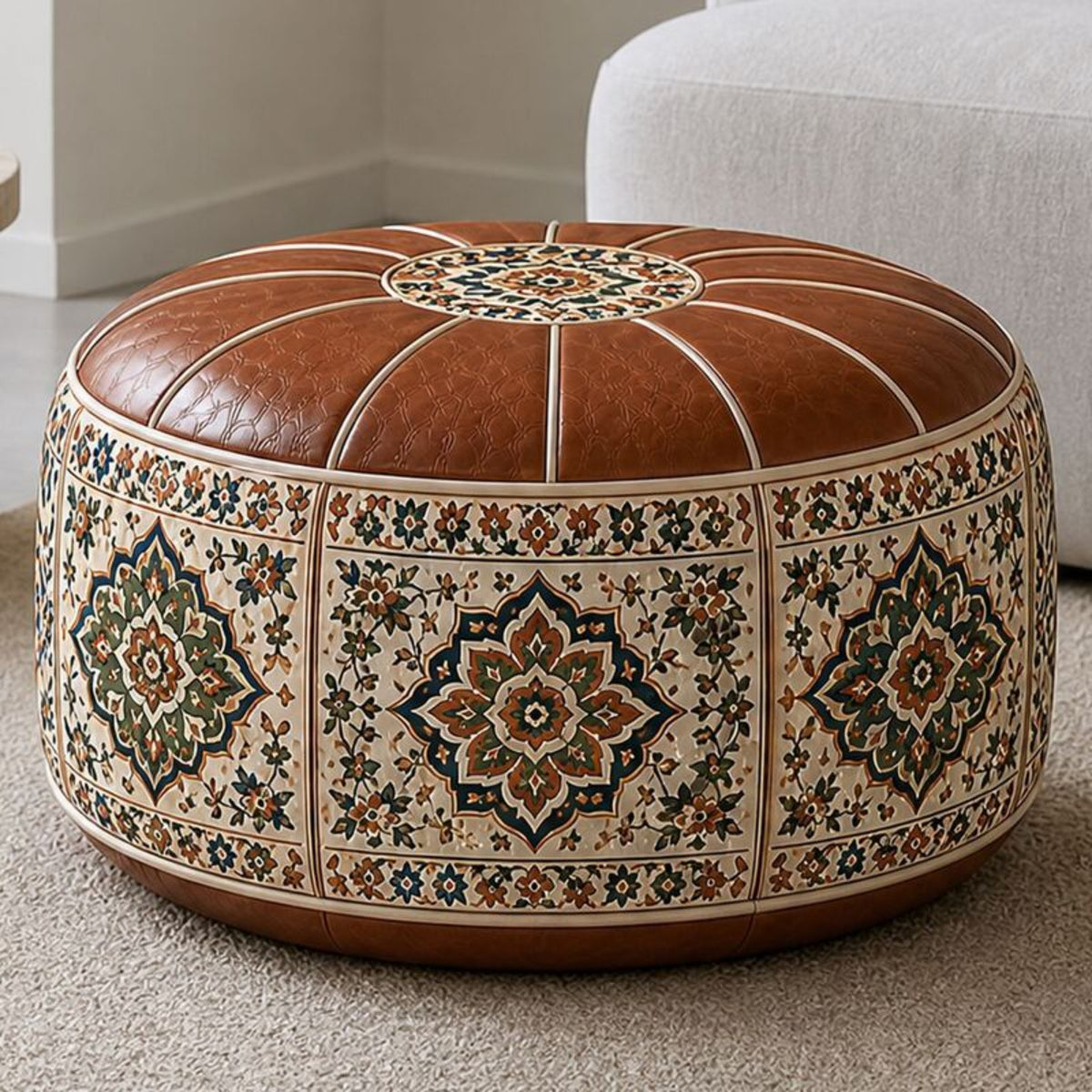 Heritage Floral Storage Ottoman Pouf – Vintage Leather-Style Accent Cover