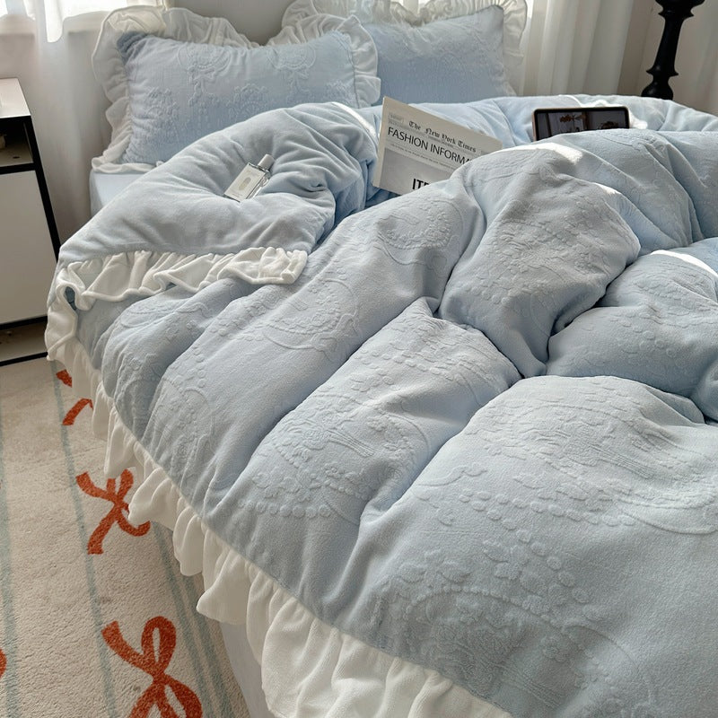 A-class ins princess style milk velvet four piece set lace carved velvet warm duvet cover winter bedding Julia M Home & Kitchen