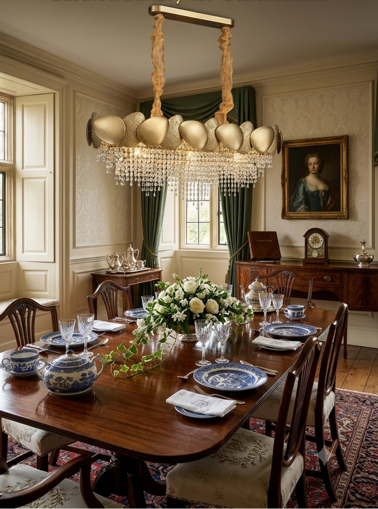 A luxury chandelier with cream-colored glass globes and a crystal drop canopy hanging over a formal dining room table set with blue and white plates, glassware, and floral centerpieces. Text at the top reads 'THE LEGACY LINEAR CHANDELLER: Curated Luxury for Generations.