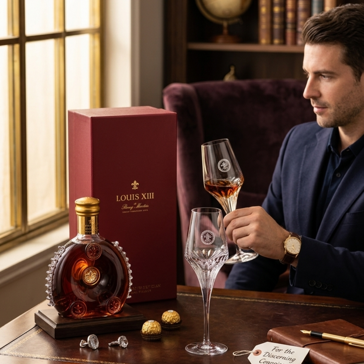 Man holding a glass of Louis XIII cognac in a luxurious setting with bookshelf and window.