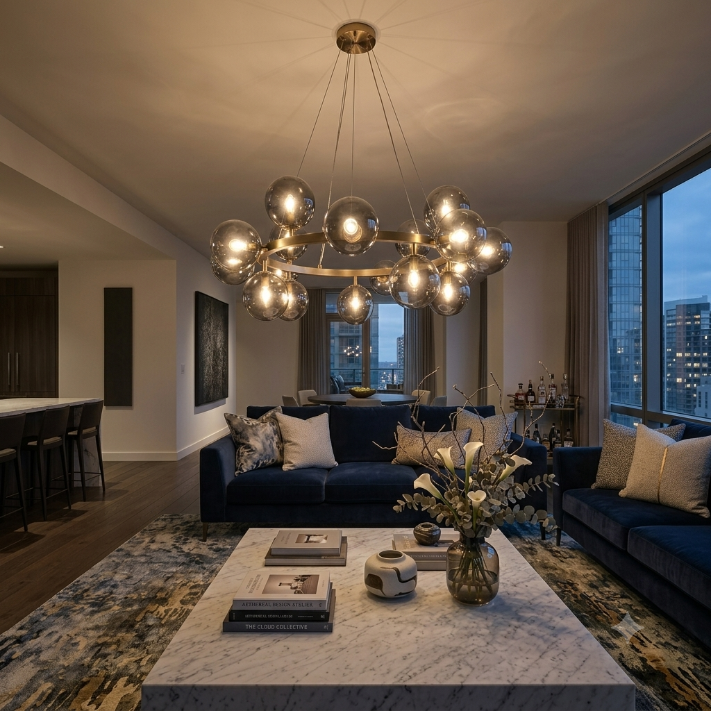 A modern living room featuring a large multi-light chandelier with spherical glass globes hanging over a dark blue sofa and a marble coffee table.