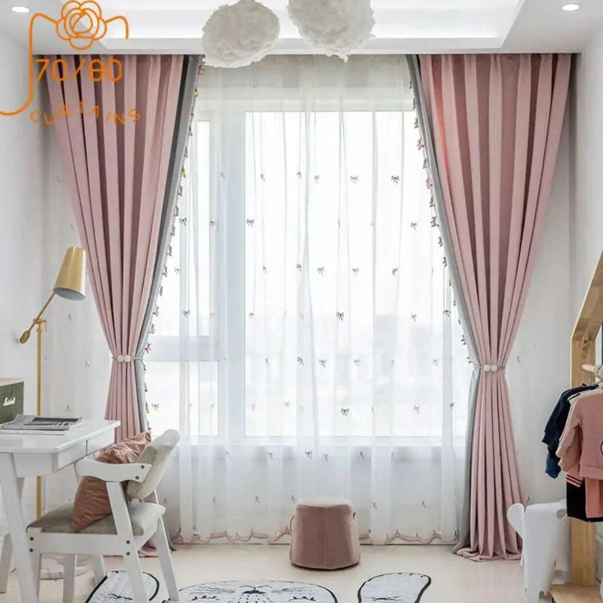Girls' Pink Gray Patchwork Pony Lace Thickened Chenille Curtains for Living Room Bedroom Balcony Decoration Finished Product - Julia M LifeStyles