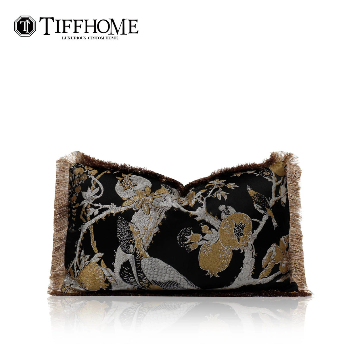 Modern Organic Decorative Bed Sofa Pillows Cushions Black Gold Waist Pillow Cases with Flower Bird Tassels Home Decor Julia M LifeStyles