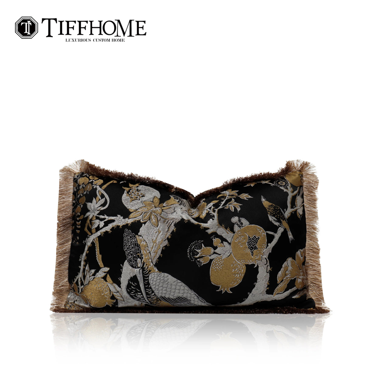 Modern Organic Decorative Bed Sofa Pillows Cushions Black Gold Waist Pillow Cases with Flower Bird Tassels Home Decor Julia M LifeStyles