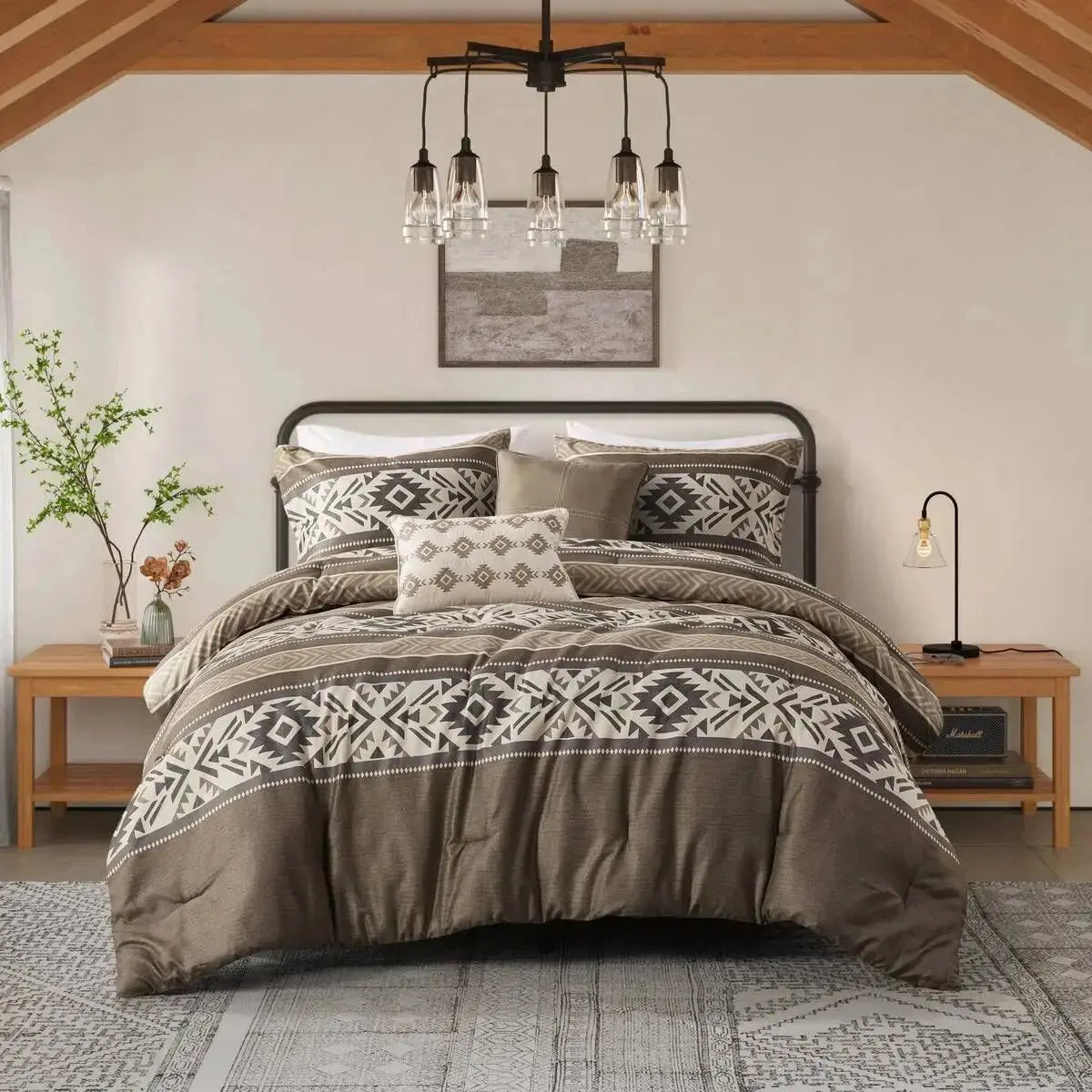 Comforter Set Throw Pillows 7-Piece Stripe Herringbone Breathable Duvet Cover for Double Bed Includes Fitted Bed Sheet Quilts Julia M LifeStyles