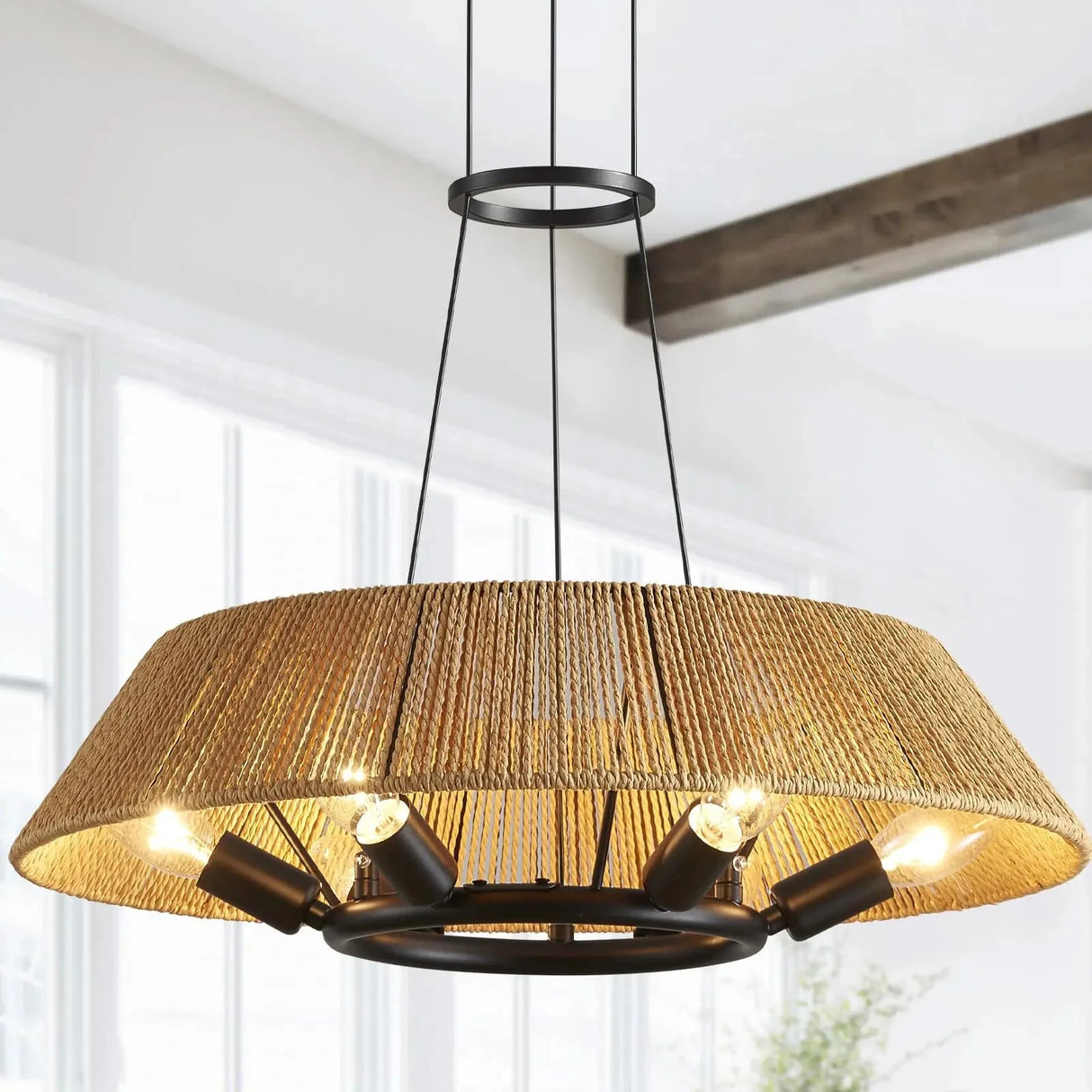 Farmhouse Chandelier Light Fixtures Hand Woven Fabric Shade Coastal Hanging Lighting for Dining Room Kitchen Island Living Room Julia M LifeStyles