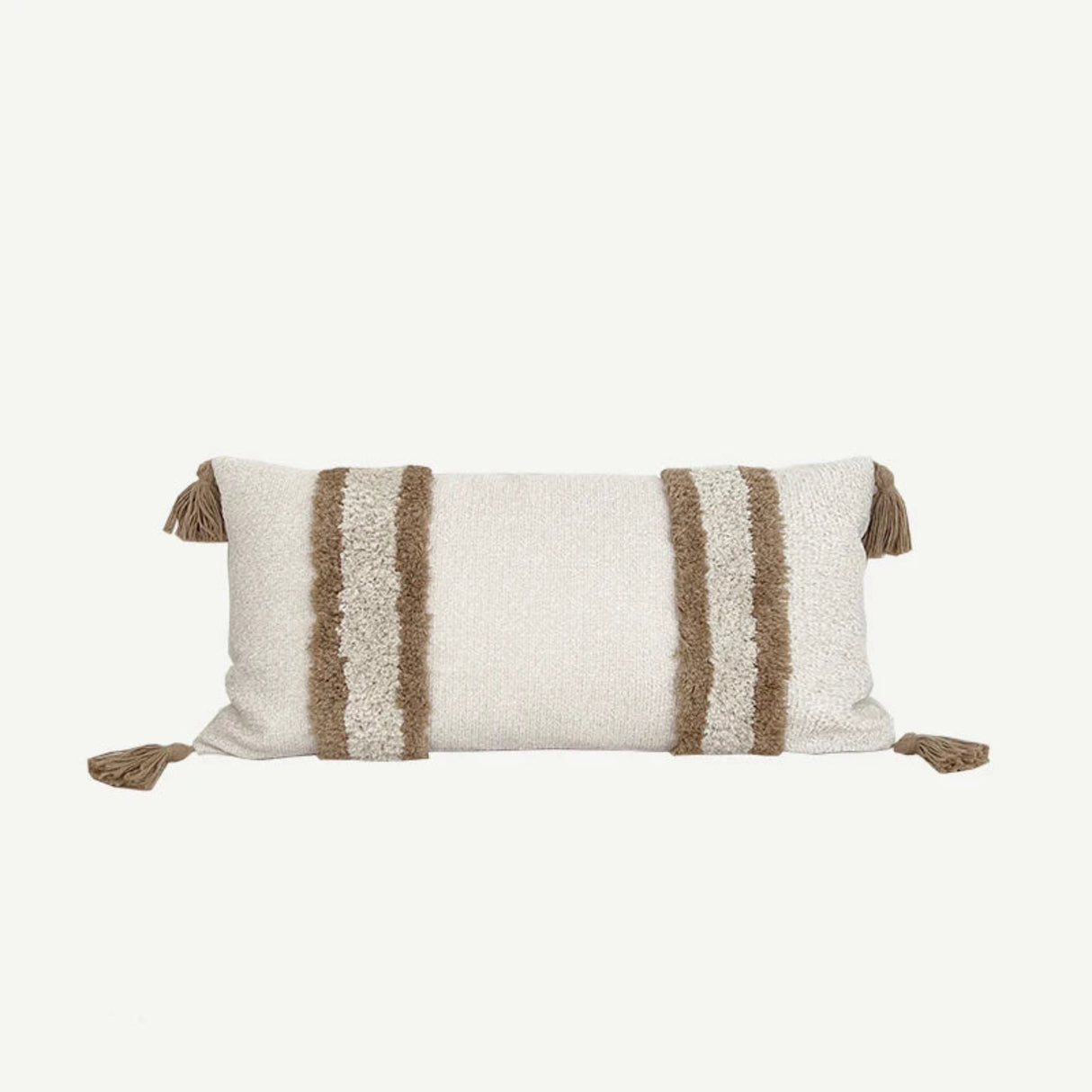 Rectangular pillow with brown stripes and tassels on a white background