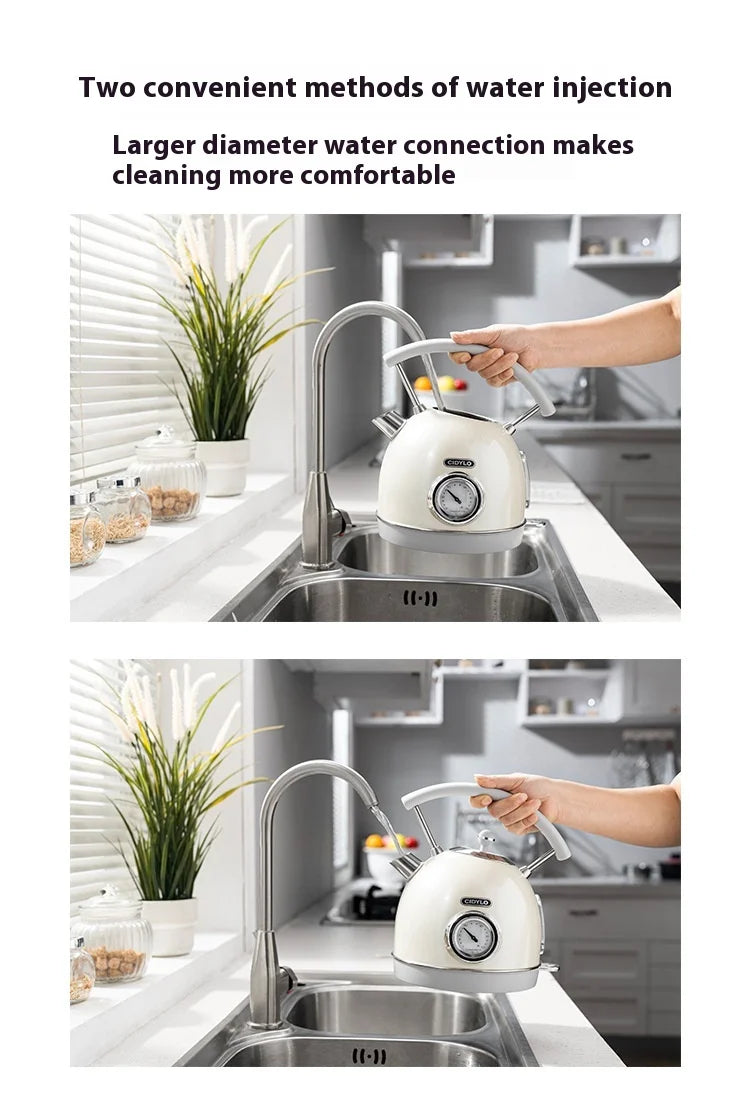 White kettle being filled with water from a kitchen faucet, with text about water injection methods.