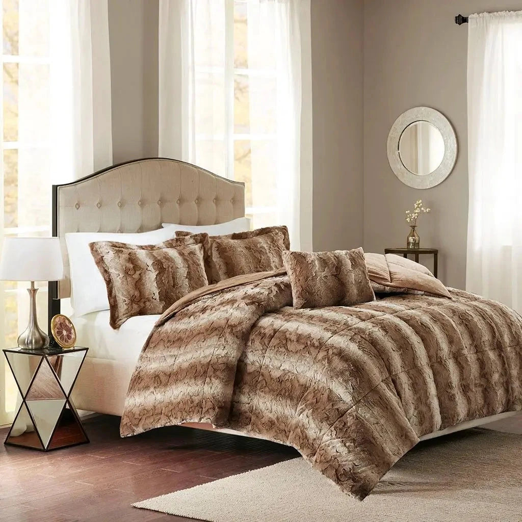 Floral Faux Fur Comforter Set - 4PC, Super King/King/Queen Julia M LifeStyles