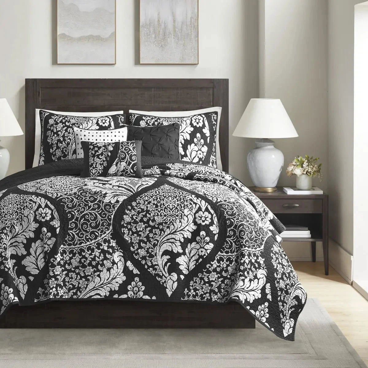 6-Piece Printed Cotton Quilt Set Throw Pillows Black Full/Queen Geometric Floral Soft Bedding for Winter for Wedding Hotel Julia M LifeStyles