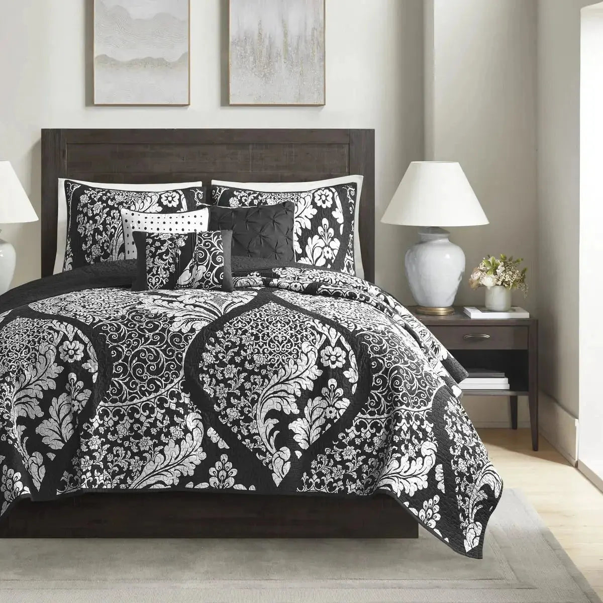 6-Piece Printed Cotton Quilt Set Throw Pillows Black Full/Queen Geometric Floral Soft Bedding for Winter for Wedding Hotel Julia M LifeStyles