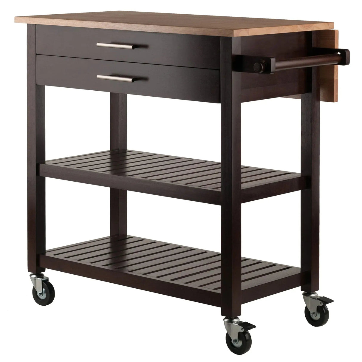 Langdon Modern Kitchen Cart with Drop Leaf Cappuccino and Natural Wood Finish Stainless Steel Panel Julia M LifeStyles