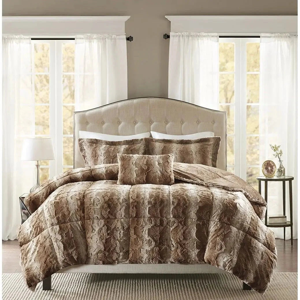 Floral Faux Fur Comforter Set - 4PC, Super King/King/Queen Julia M LifeStyles