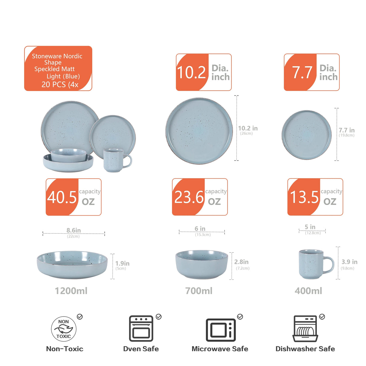 Nordic Style Round Stoneware 20pc Dinnerware Sets Speckled Matt Light Blue Plate and Bowl Set Julia M LifeStyles