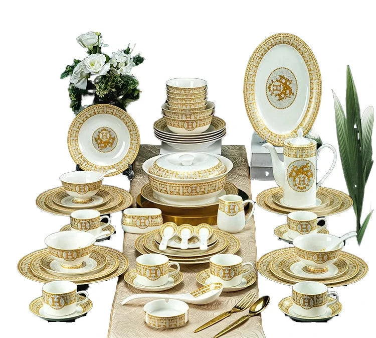 60 Pcs Golden Mosaic Eco-Friendly Porcelain Tableware Set Julia M LifeStyles